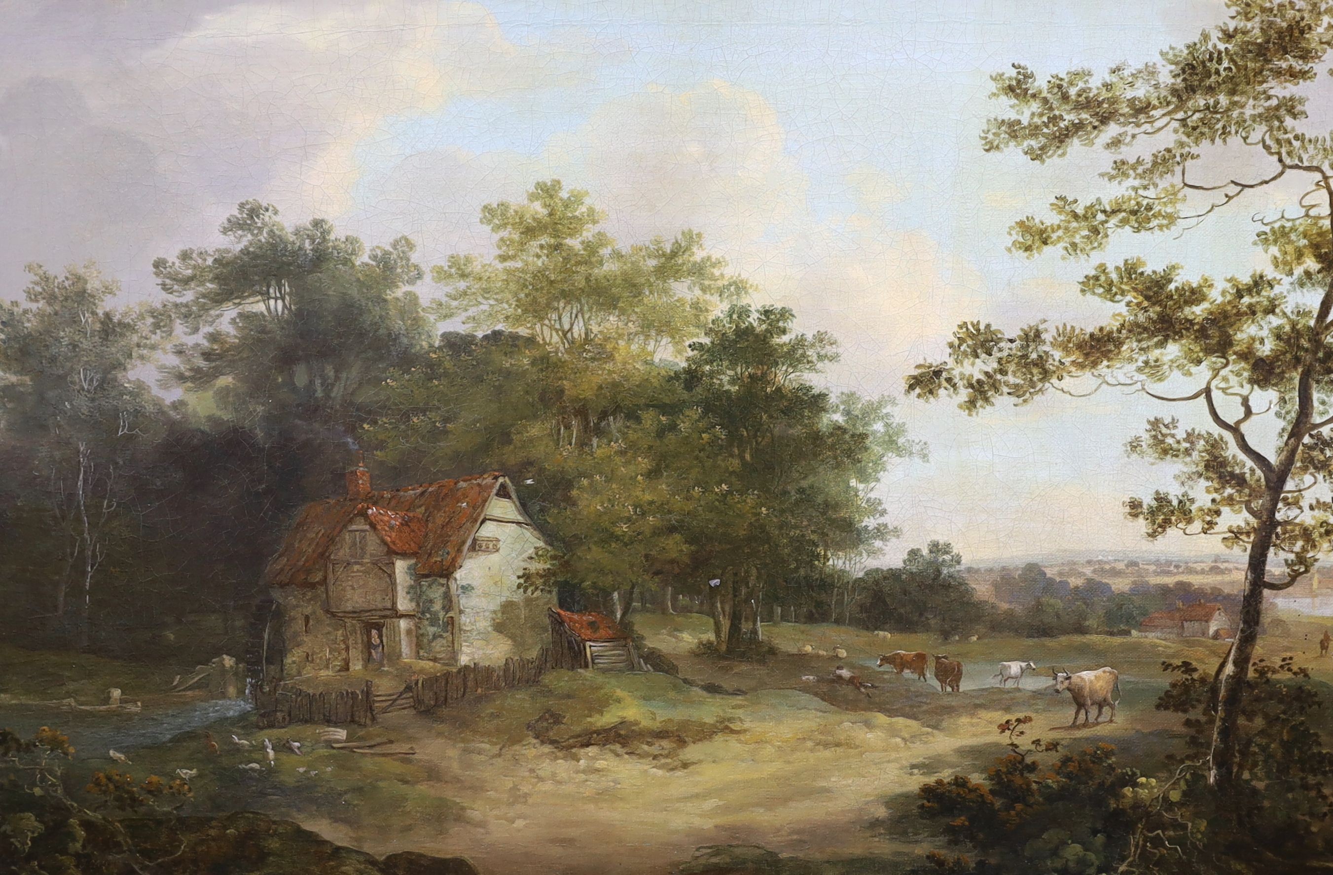 Attributed to Thomas Creswick (1811-1869), oil on canvas, Cottage and cattle in a landscape, bears signature, 43 x 64cm